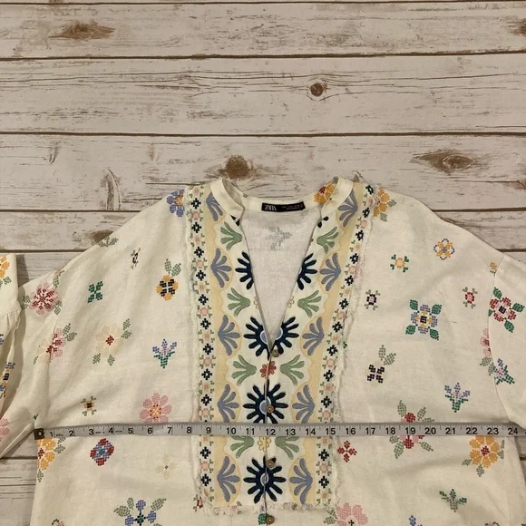 ZARA Oversized Linen Blend Floral Print MIDI Kaftan Dress White Large - Picture 4 of 13